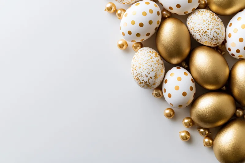 Decorated easter eggs with gold polka dots and metallic finish arranged along right edge on white surface