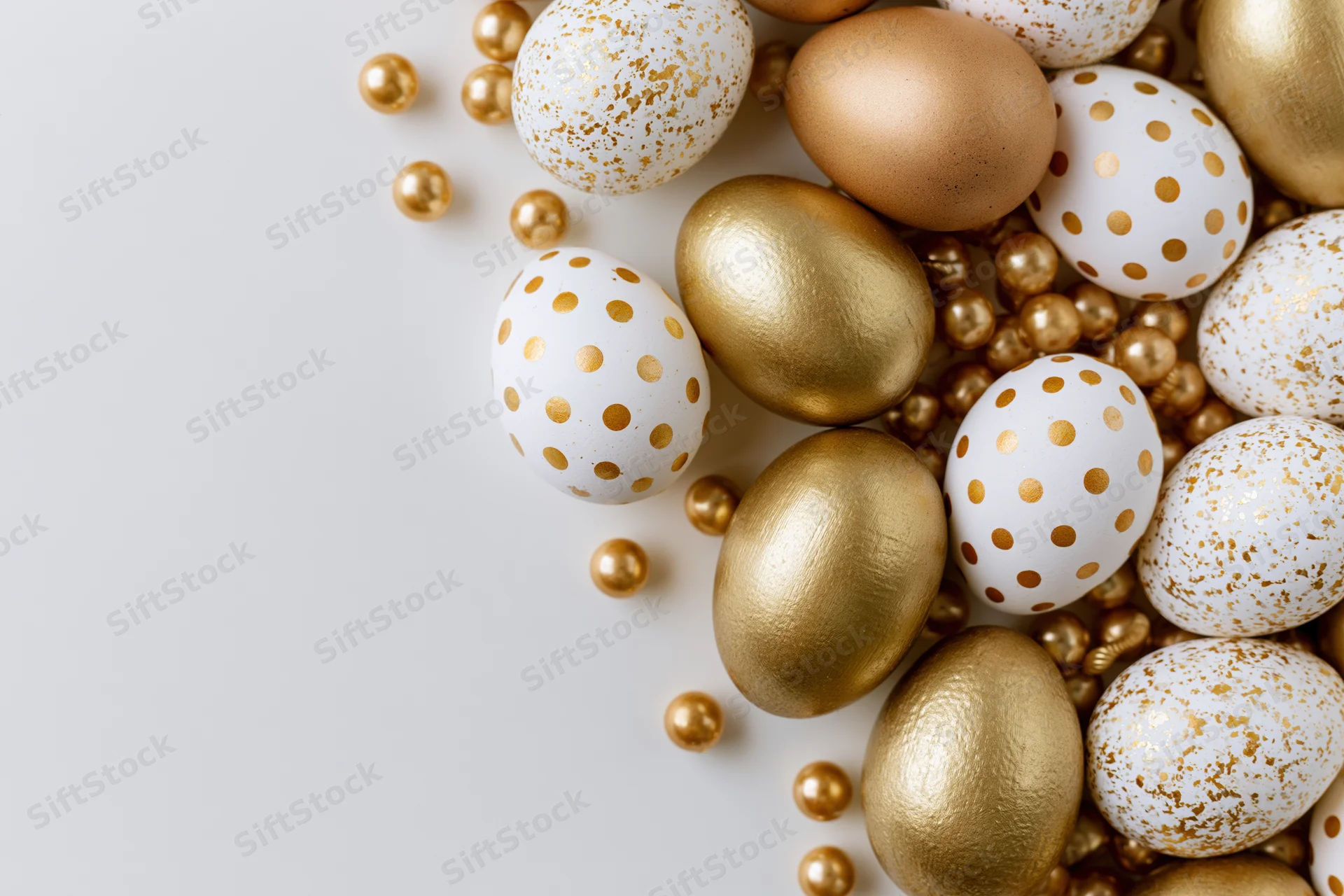 Decorated easter eggs with gold polka dots and speckles arranged along the right edge on a white surface