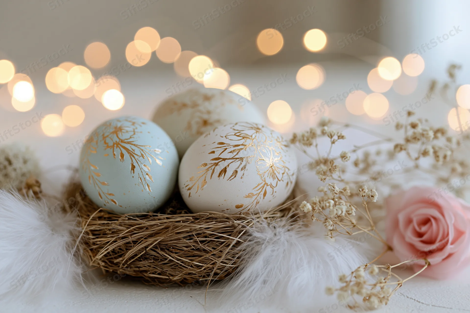 Decorated easter eggs in a woven nest with feathers and flowers, soft bokeh lights in background
