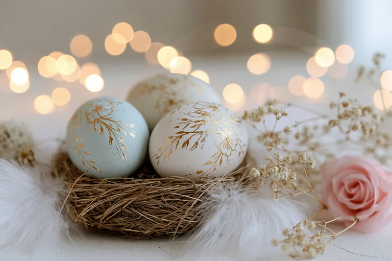 Decorated easter eggs in a woven nest with feathers and flowers, soft bokeh lights in background