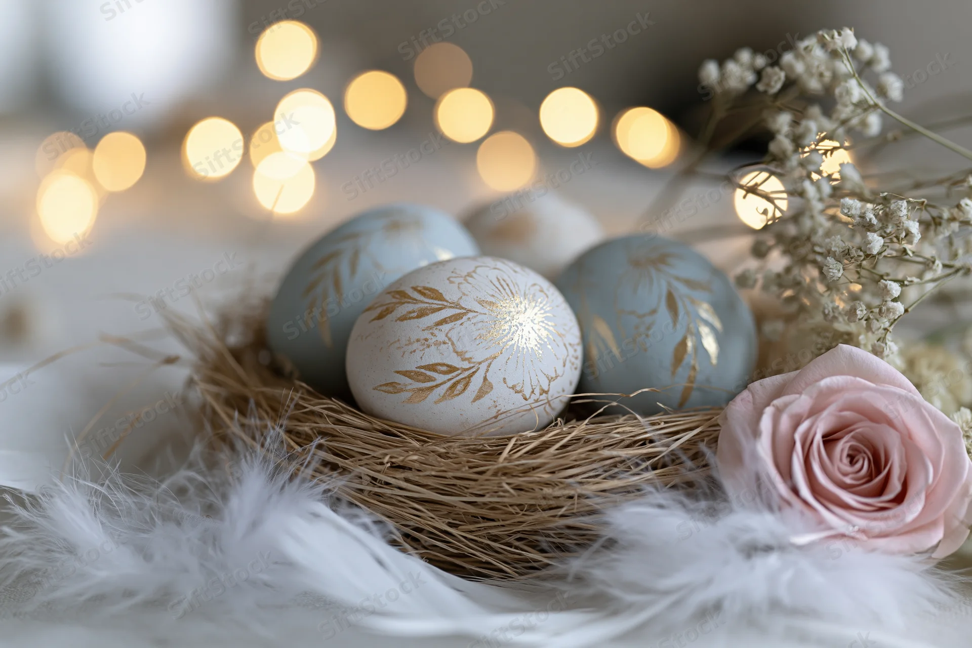 Decorated easter eggs in a nest with flowers and feathers, soft lighting in the background