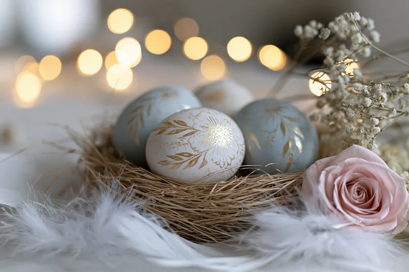 Decorated easter eggs in a nest with flowers and feathers, soft lighting in the background