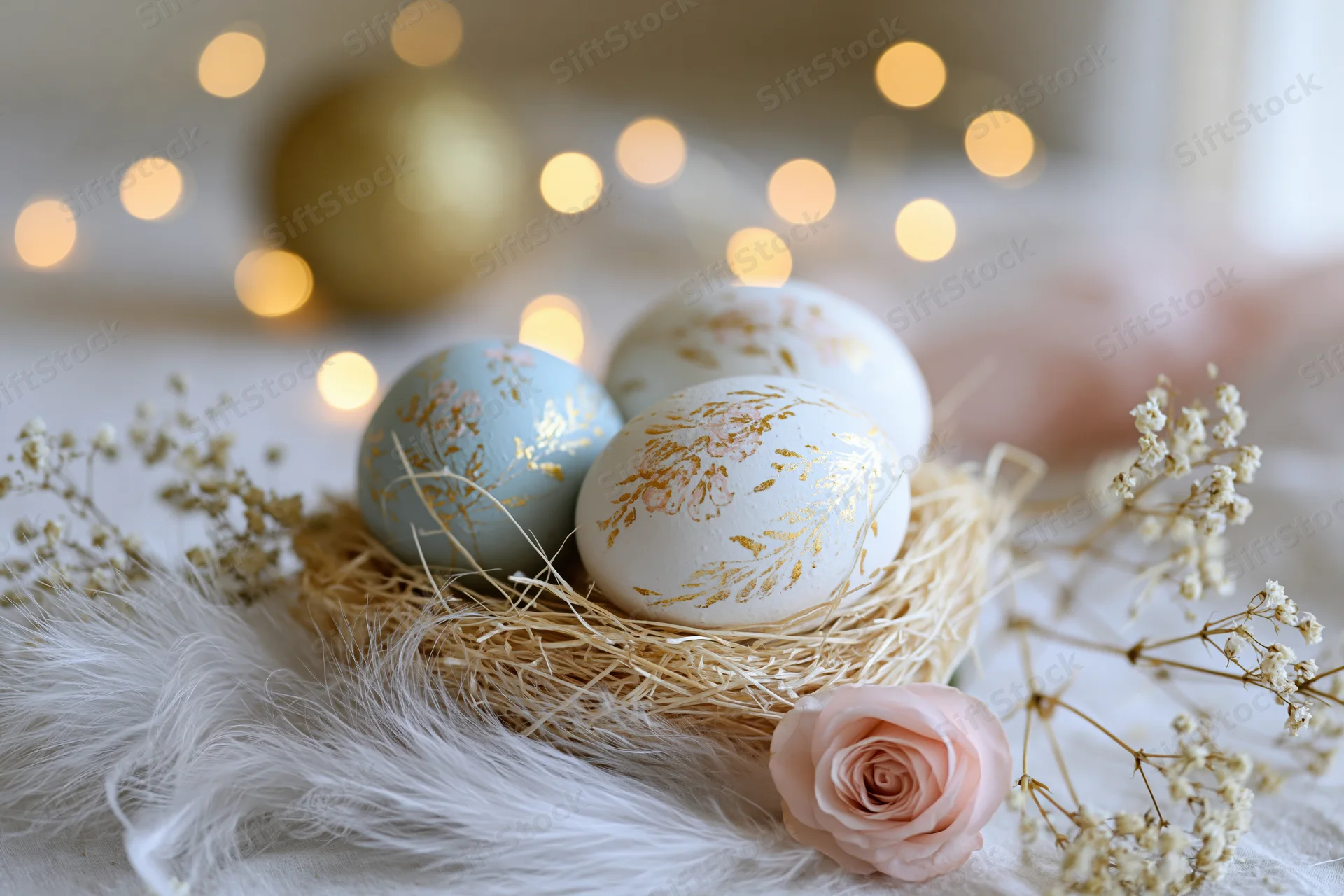 Decorated easter eggs in a straw nest with flowers and feathers on a soft surface