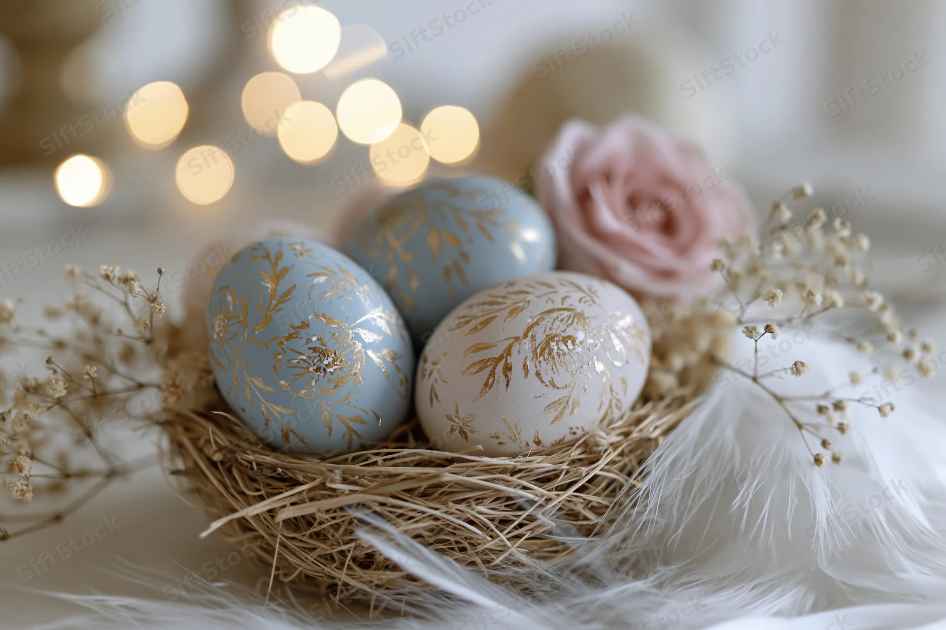 Decorated easter eggs in a straw nest with dried flowers and feathers on a soft surface