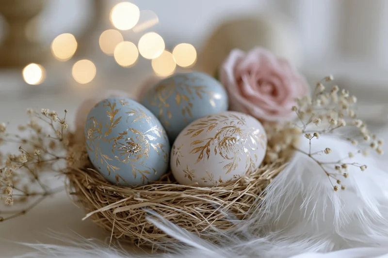 Decorated easter eggs in a straw nest with dried flowers and feathers on a soft surface