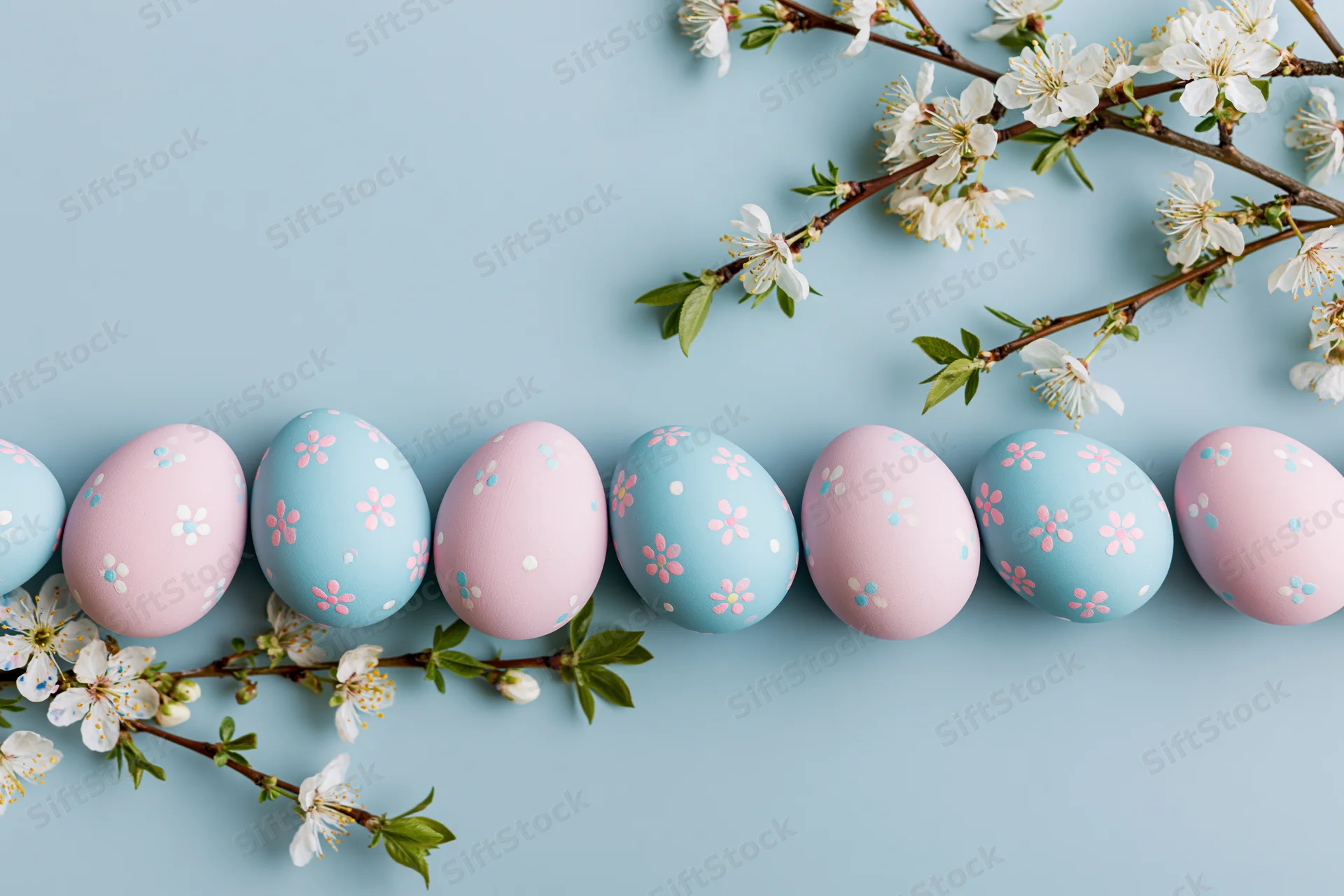 Decorated easter eggs in pastel pink and blue with cherry blossoms arranged on a light blue surface