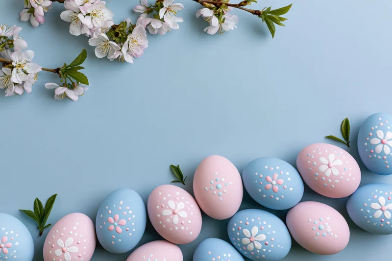 Decorated easter eggs in pastel pink and blue with floral patterns arranged with cherry blossoms on a light blue surface