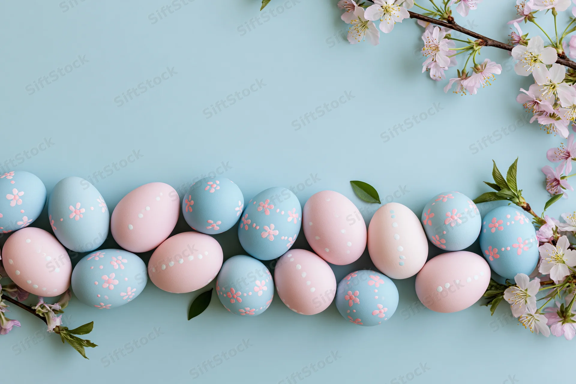 Decorated easter eggs in pastel pink and blue arranged with cherry blossoms on a light blue surface