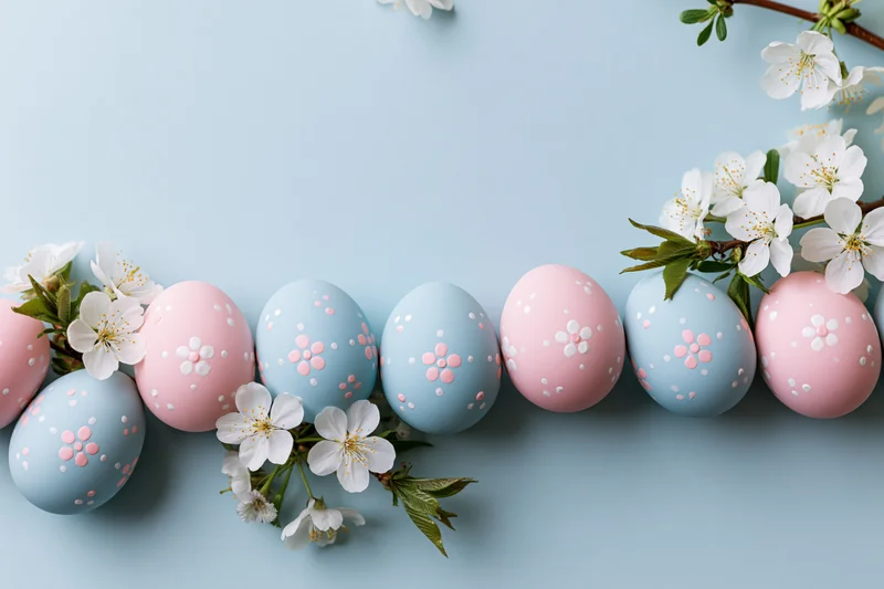 Decorated easter eggs in pastel pink and blue with white blossoms arranged in a row on a light blue surface