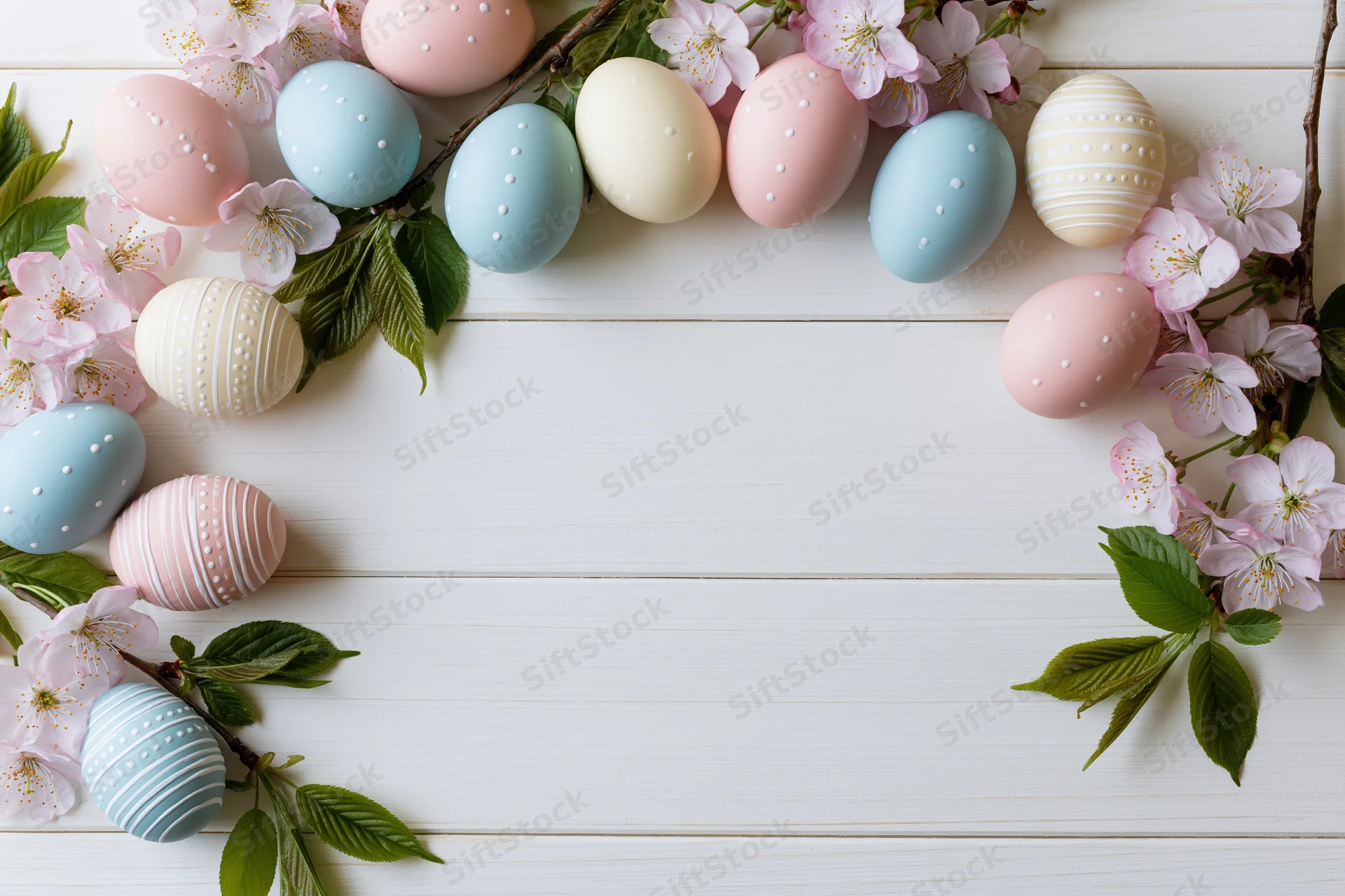 Decorated easter eggs and cherry blossoms arranged in a border on a white wooden surface