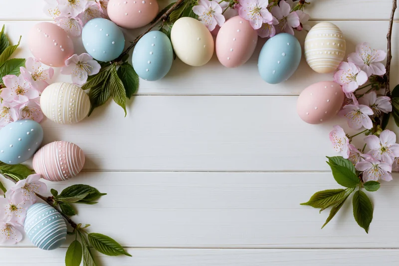 Decorated easter eggs and cherry blossoms arranged in a border on a white wooden surface