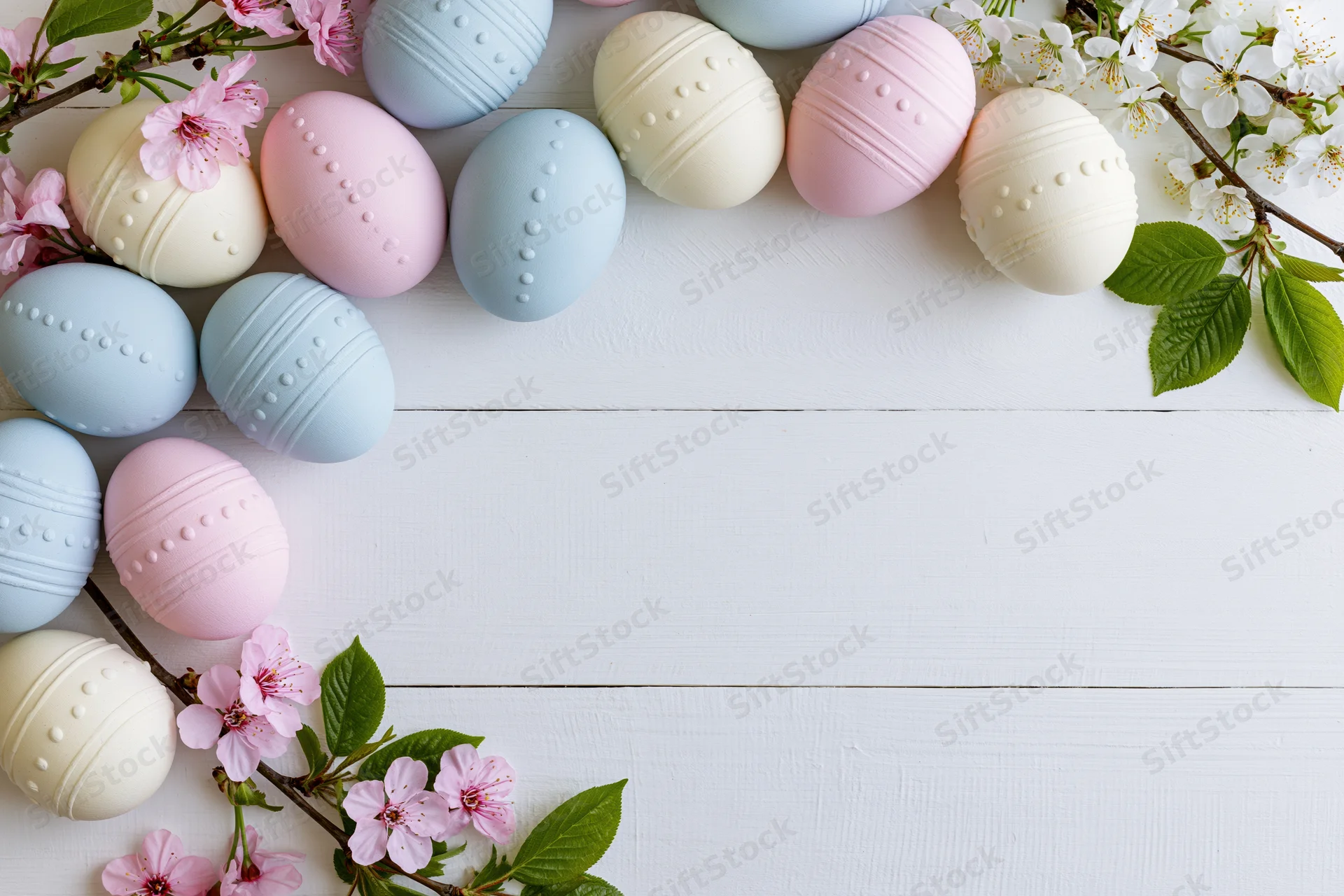 Decorated easter eggs in pastel colors arranged with cherry blossoms on white wooden surface