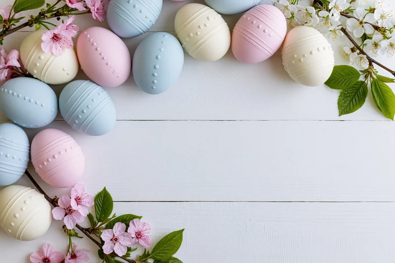 Decorated easter eggs in pastel colors arranged with cherry blossoms on white wooden surface
