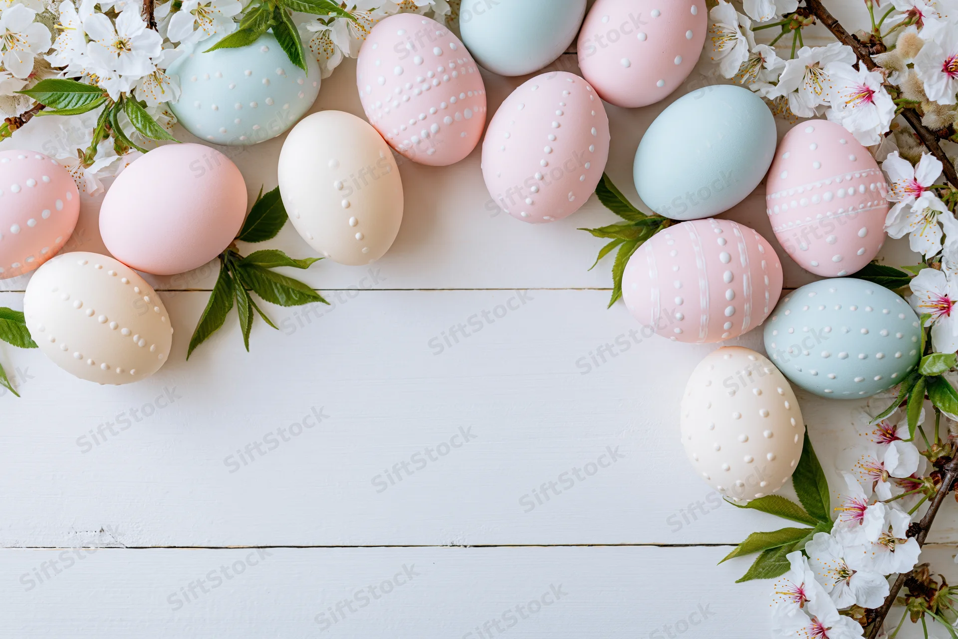 Decorated easter eggs in pastel colors arranged with cherry blossoms on white wooden surface