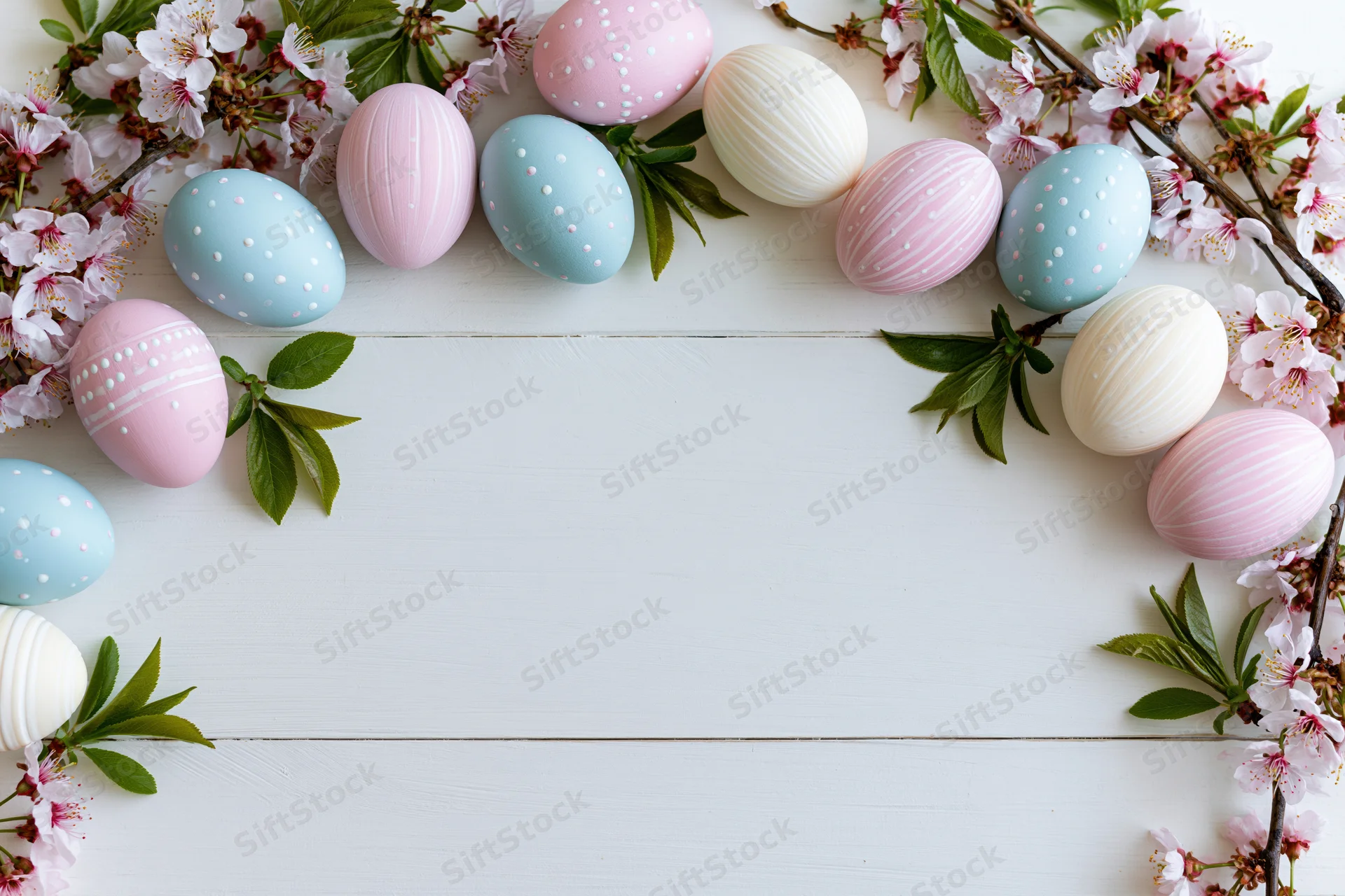 Decorated easter eggs and cherry blossoms arranged in a border on a white wooden table with copyspace