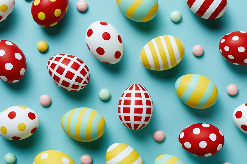 Decorated easter eggs scattered across a flat turquoise blue surface