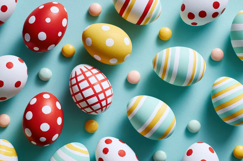 Decorated easter eggs scattered across a flat turquoise blue surface