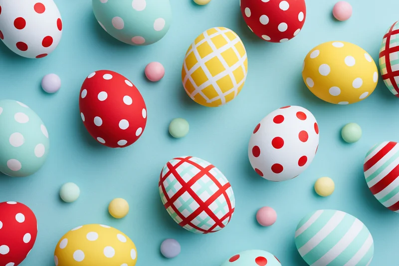 Decorated easter eggs scattered across a flat turquoise blue surface