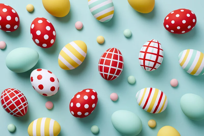 Decorated easter eggs scattered across a flat turquoise surface
