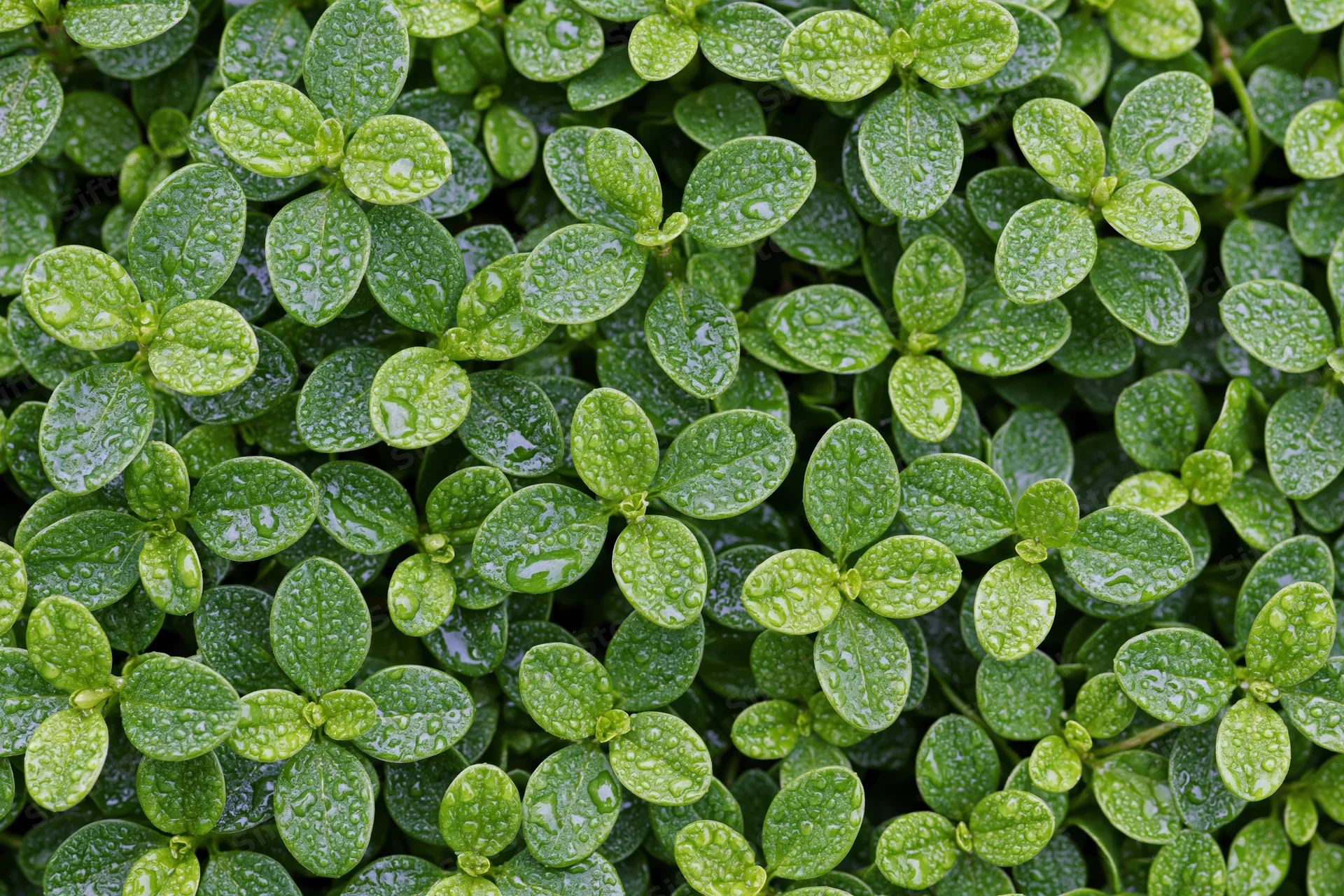 Closeup of dense cluster of small oval green leaves covered in water droplets
