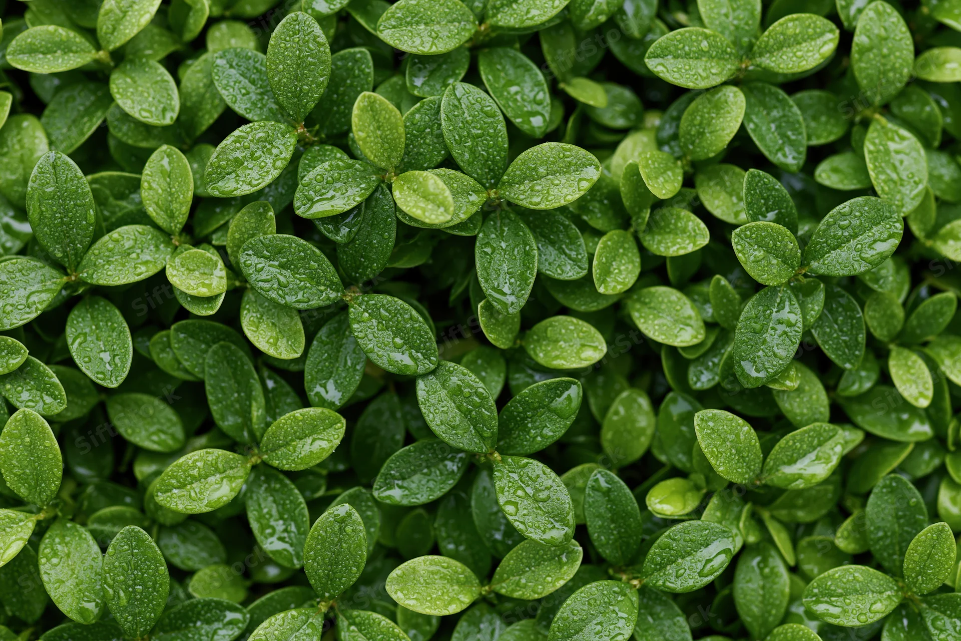 Closeup of dense green oval leaves covered in water droplets