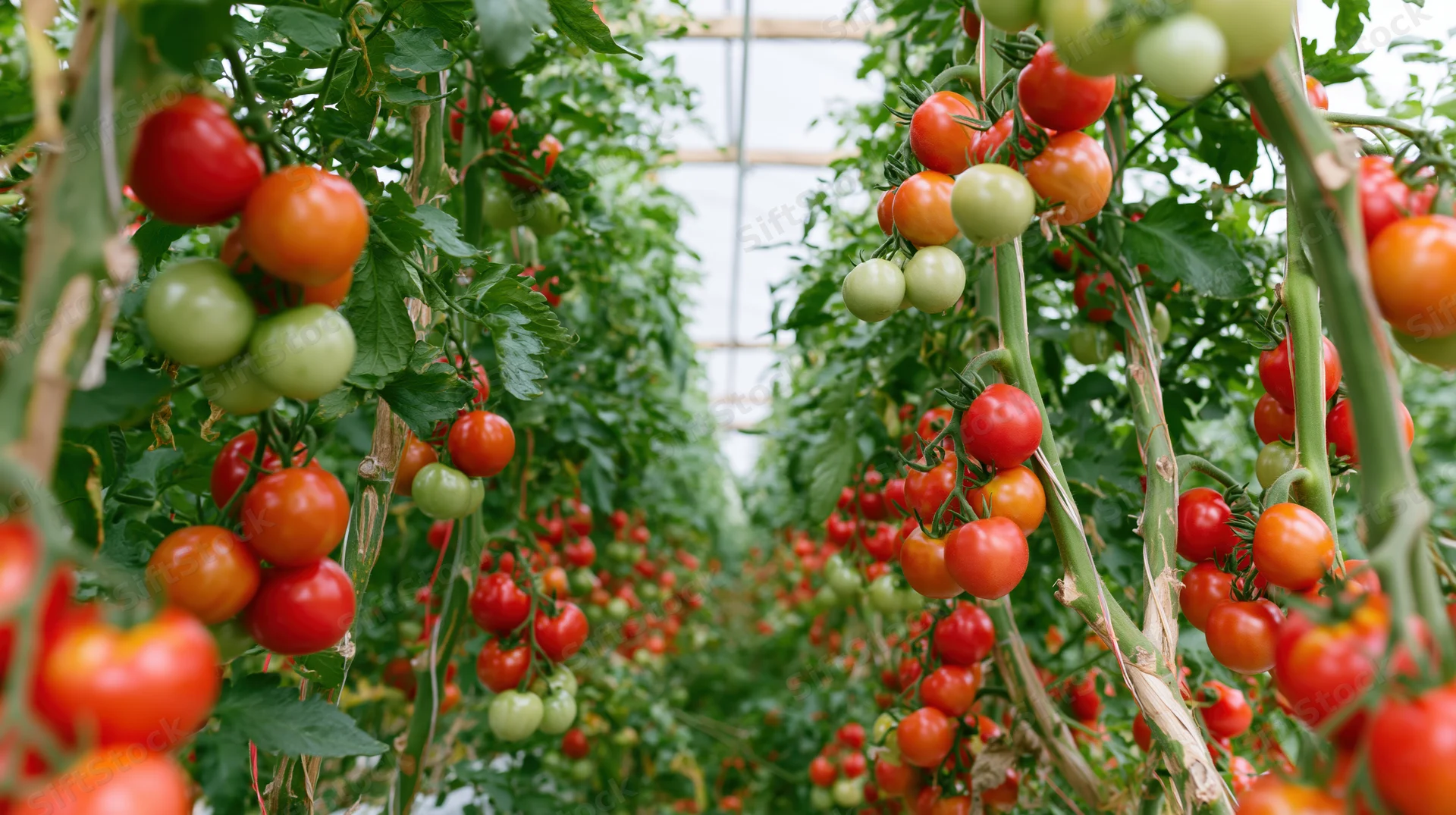 Ripe and unripe tomatoes growing on vines in a greenhouse