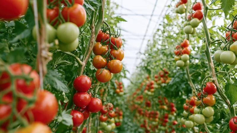 Ripe and unripe tomatoes growing on vines inside a greenhouse