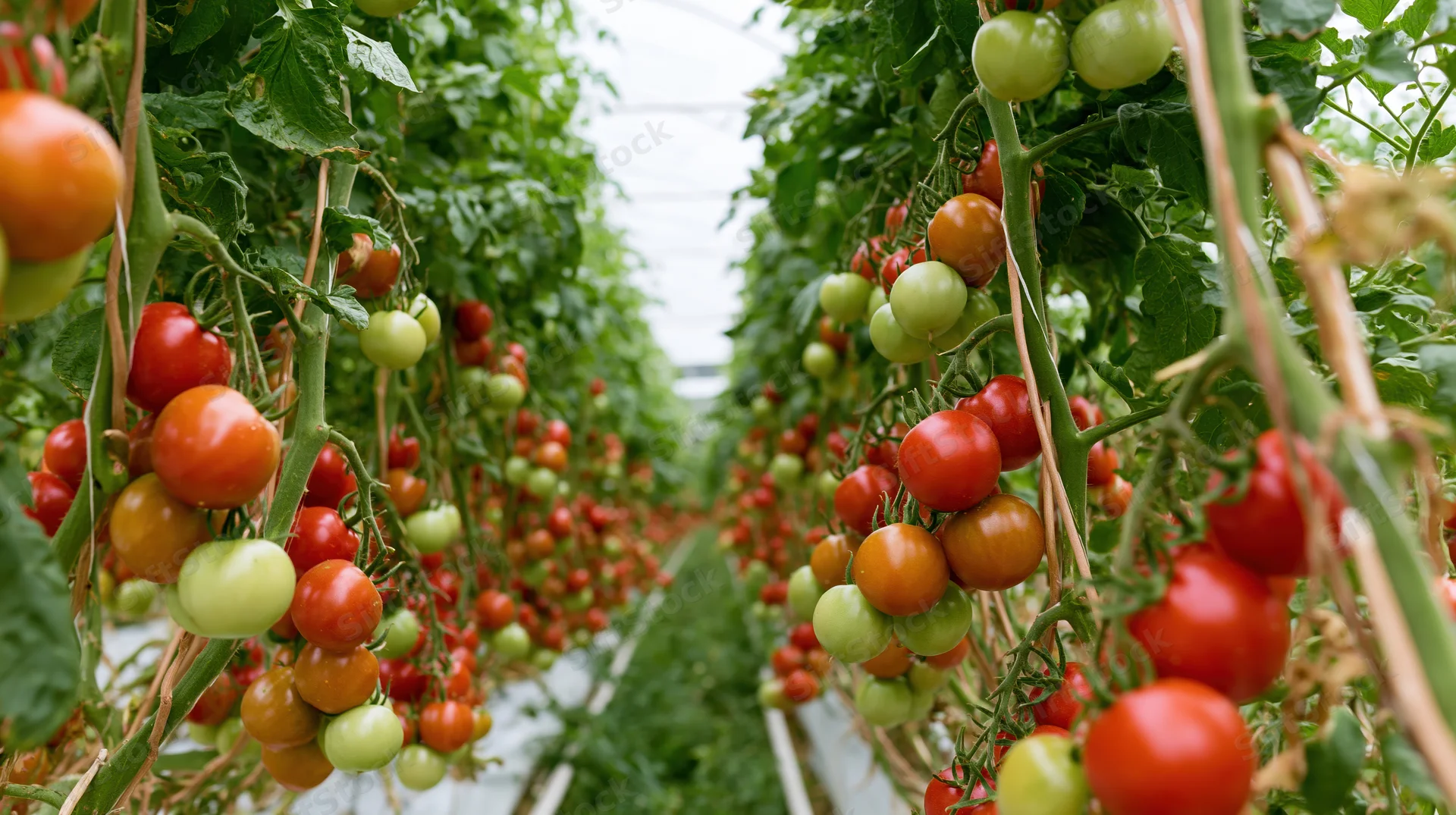 Rows of tomato vines with ripening fruit growing inside a greenhouse