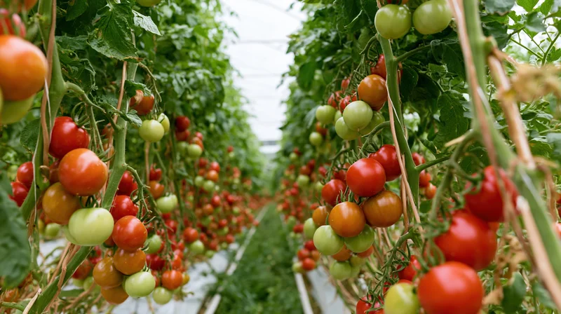 Rows of tomato vines with ripening fruit growing inside a greenhouse