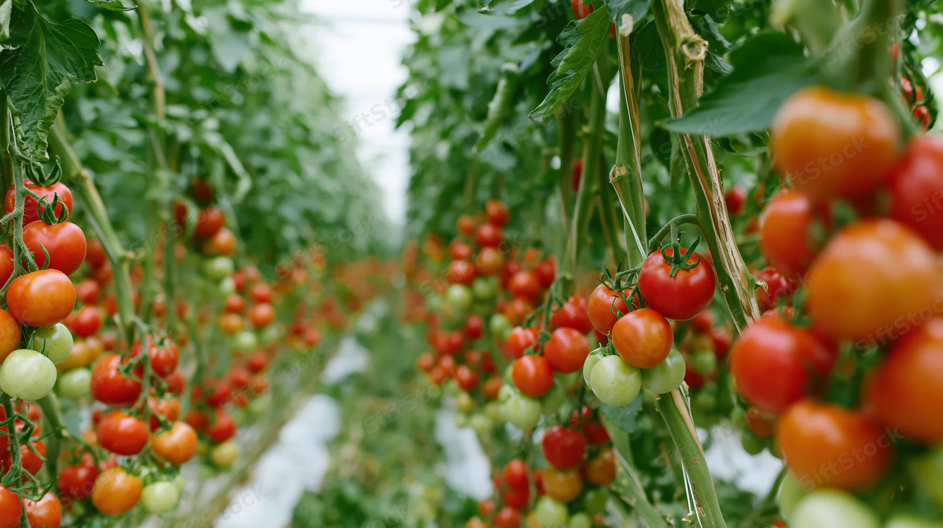 Ripe and unripe tomatoes growing on vines in a greenhouse row