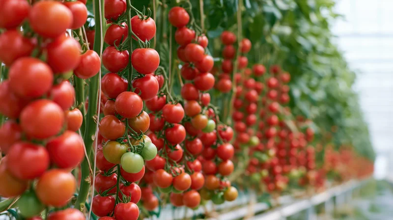 Ripe red tomatoes growing in clusters on vines inside a greenhouse