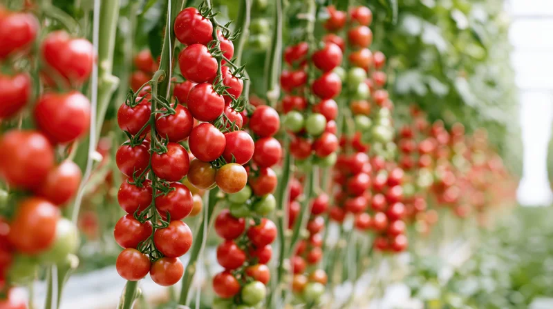 Ripe red tomatoes growing in clusters on vines inside a greenhouse