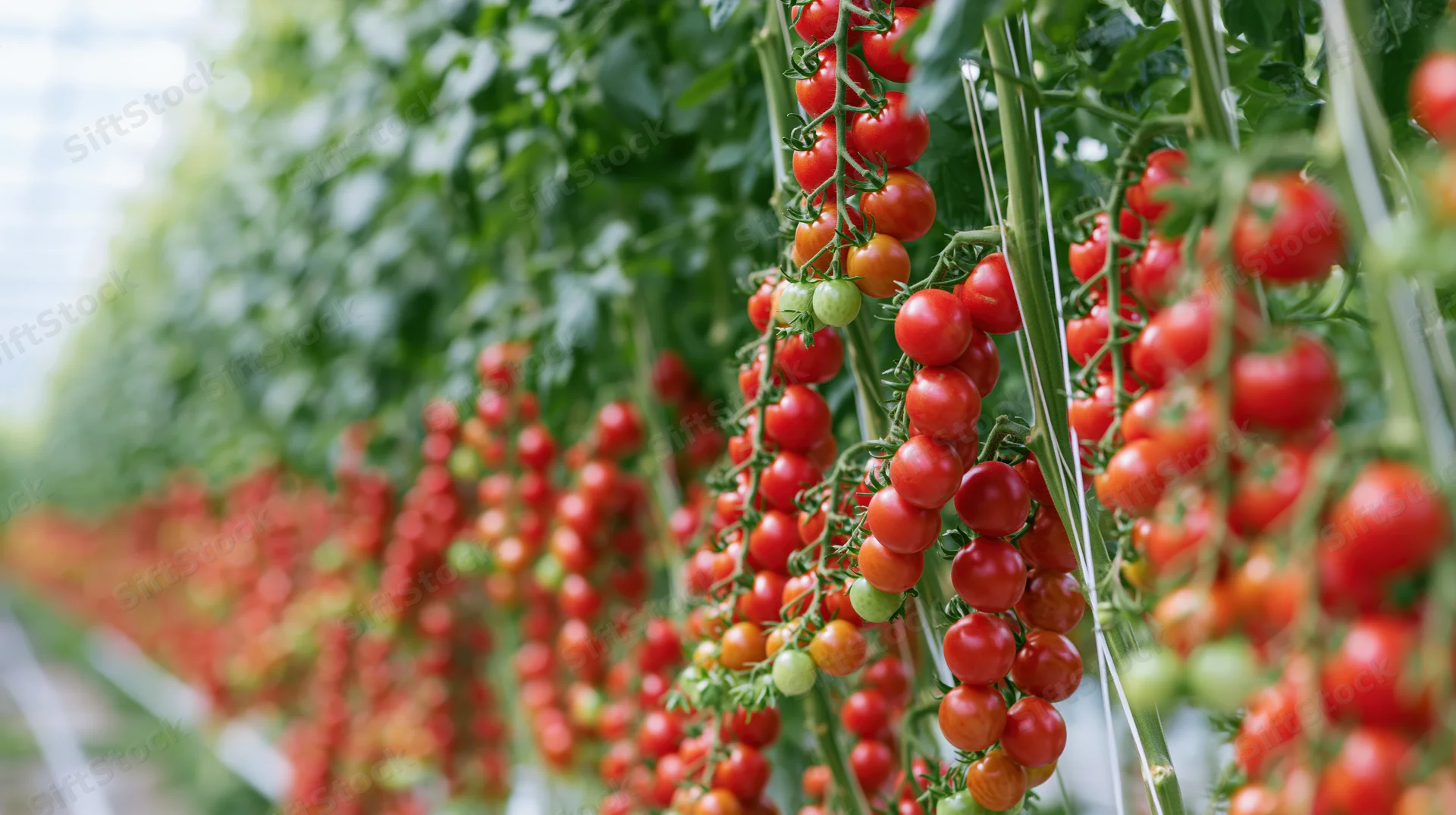 Ripe red tomatoes growing on vines in a greenhouse row