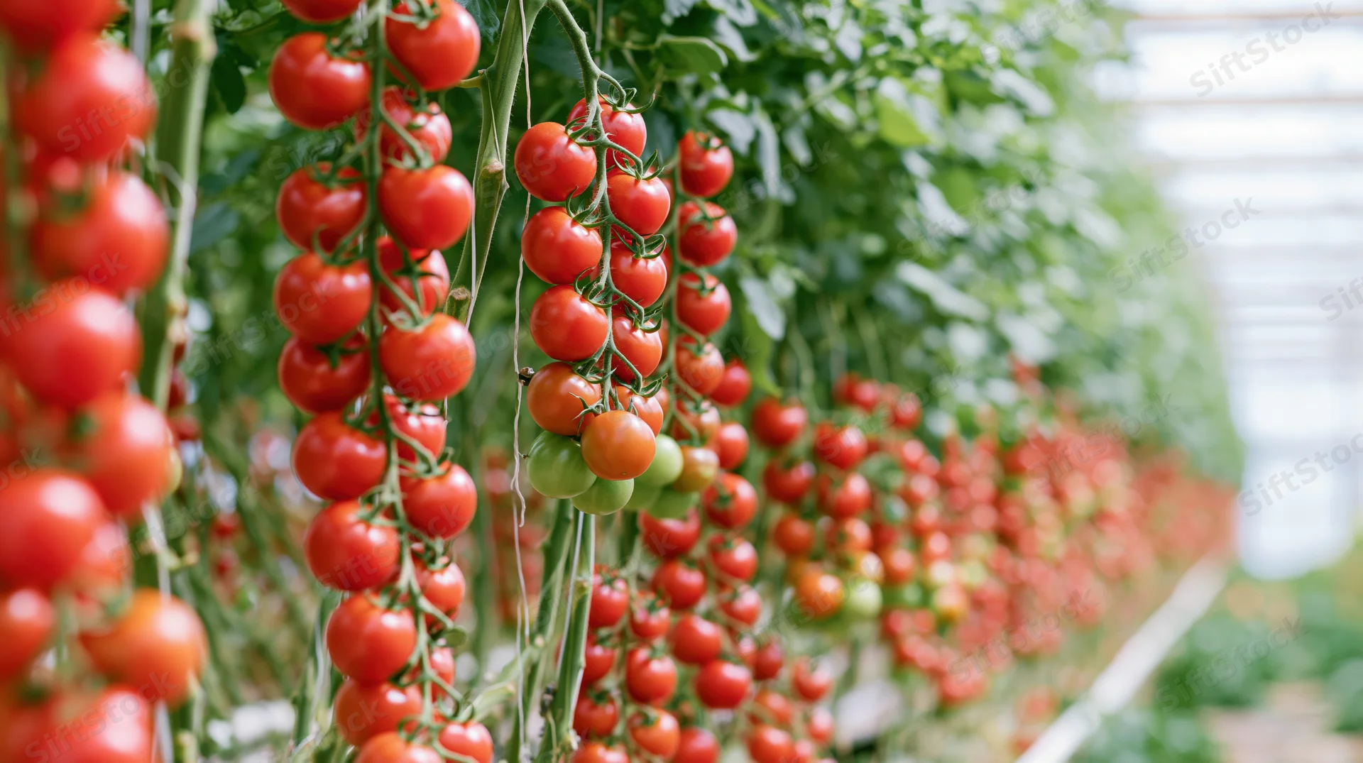 Ripe red tomatoes growing on vines in a greenhouse