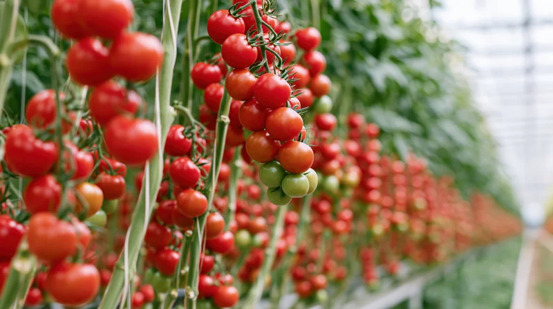 Ripe red tomatoes growing on vines in a greenhouse