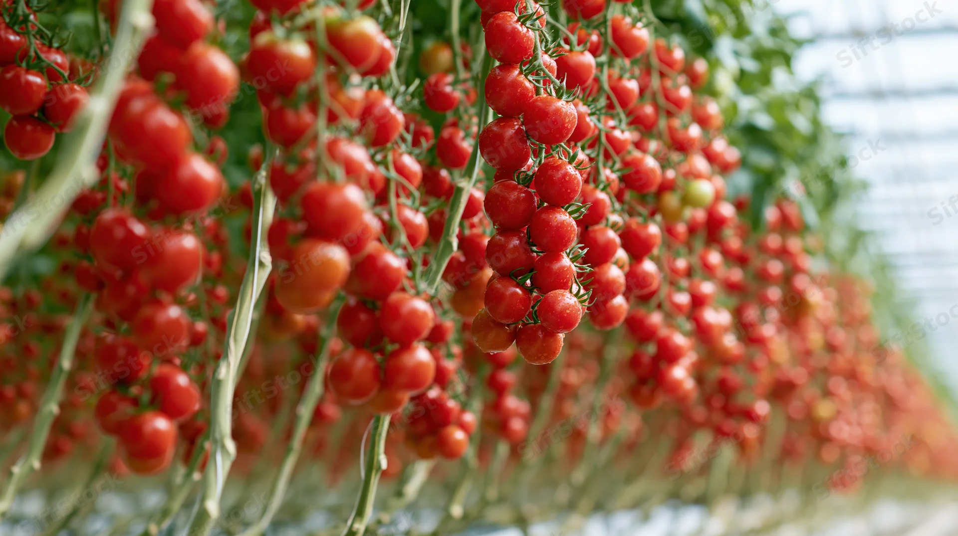 Ripe red tomatoes growing in dense clusters on vines inside a greenhouse