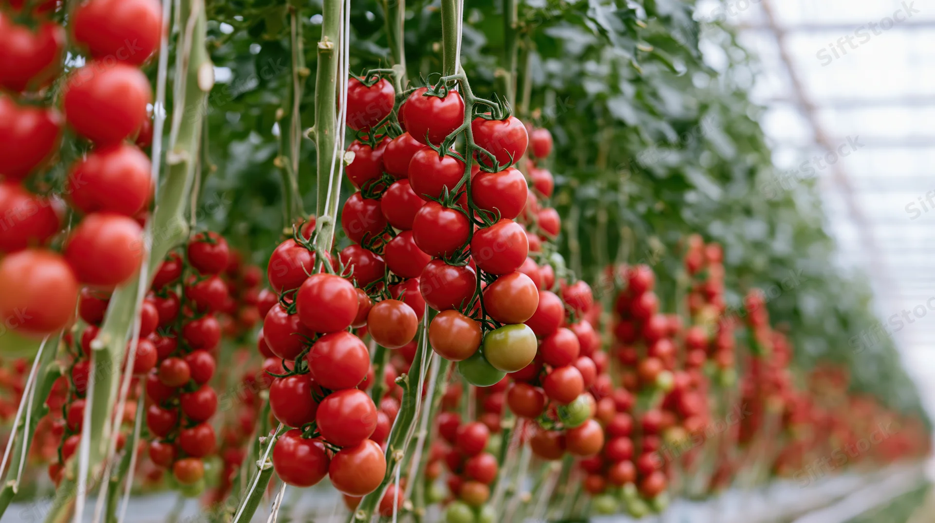 Ripe red tomatoes growing in dense clusters on vines inside a greenhouse