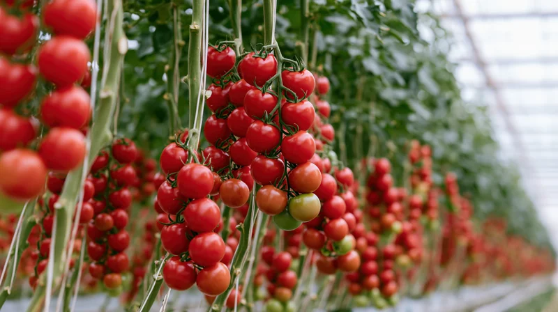 Ripe red tomatoes growing in dense clusters on vines inside a greenhouse