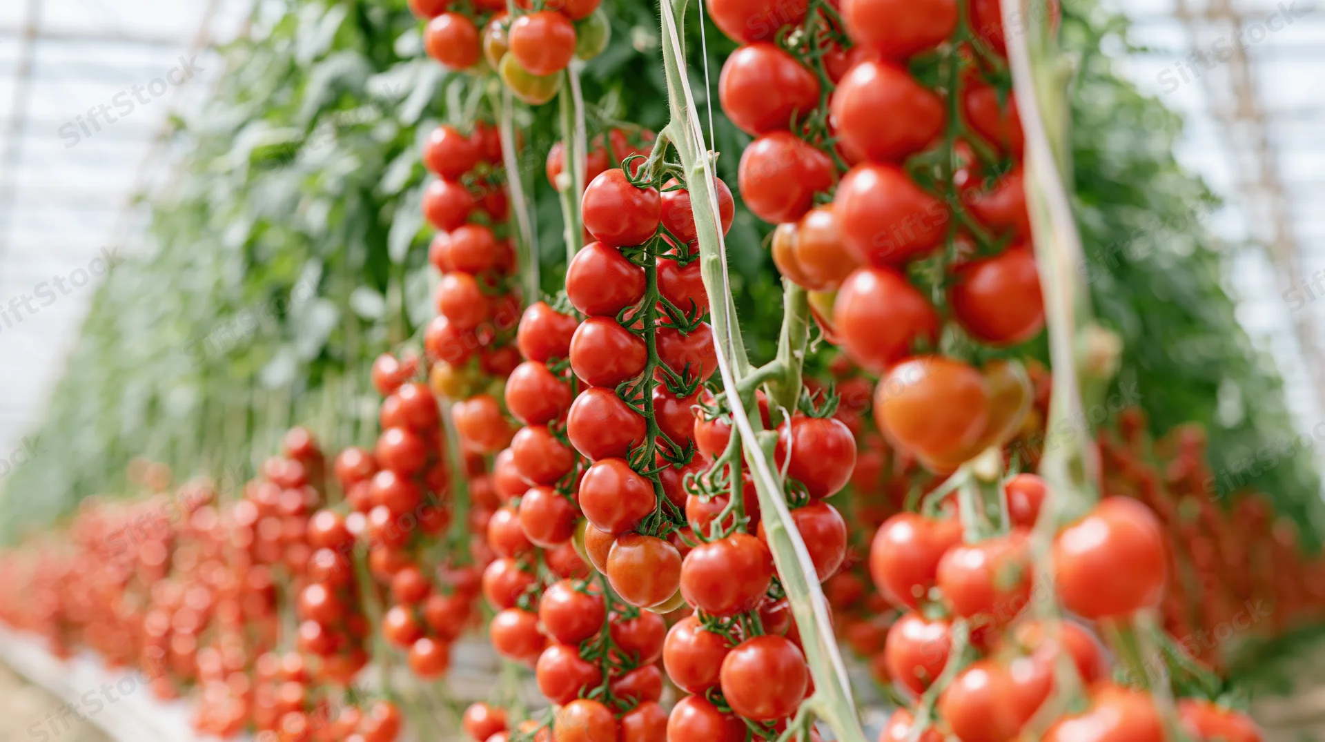Ripe red tomatoes growing in dense clusters on vines inside a greenhouse