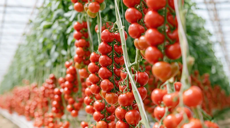 Dense clusters of ripe red tomatoes hanging from tall vine stems