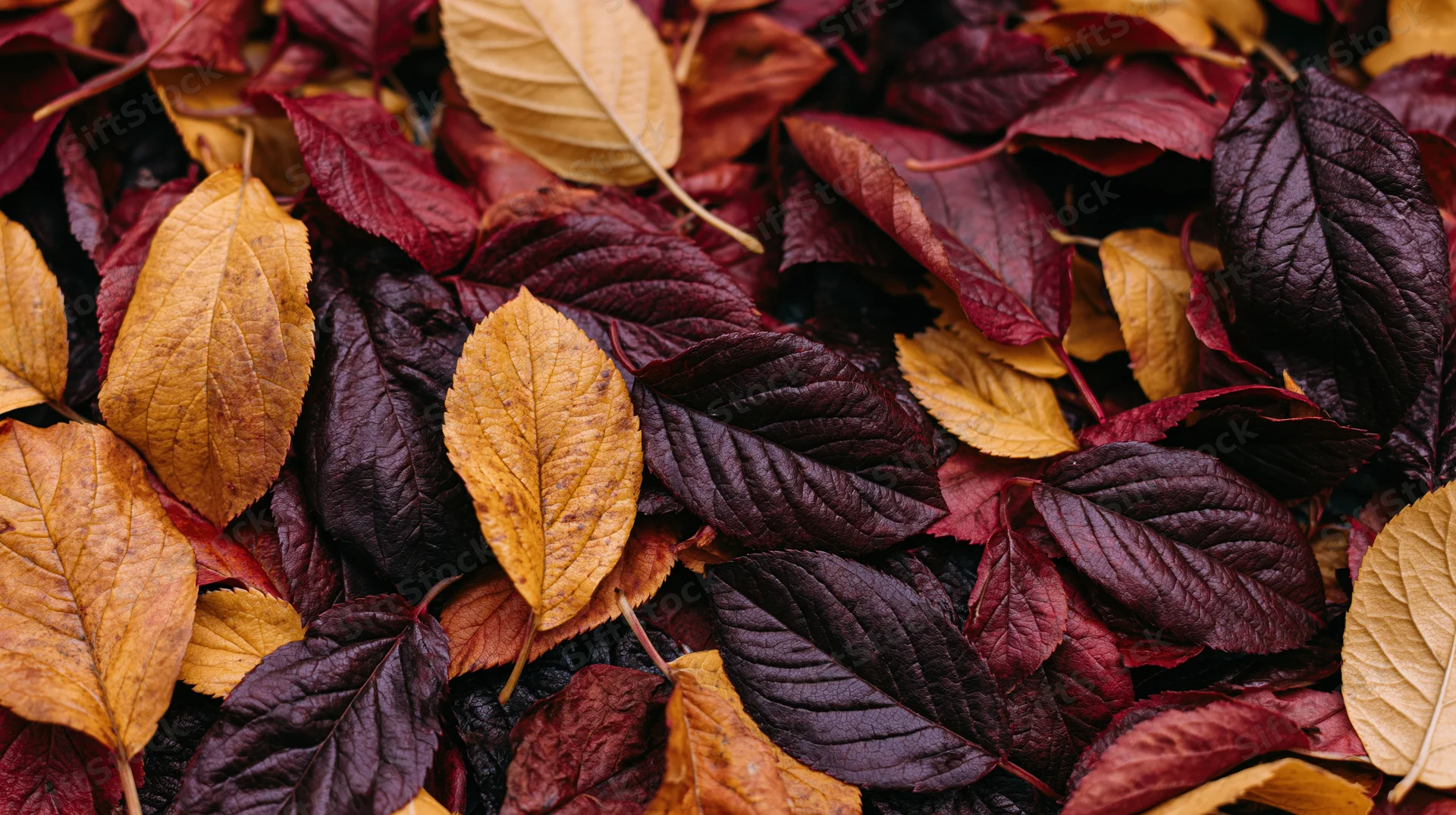 Dense layer of fallen autumn leaves covering the ground in rich red, orange, and purple hues