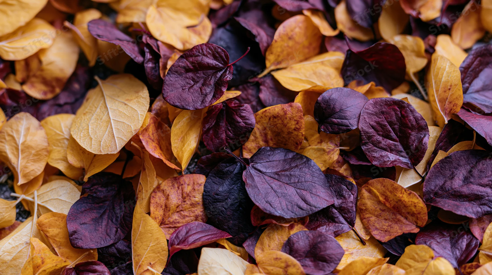 Dense layer of fallen autumn leaves in yellow and purple covering the ground