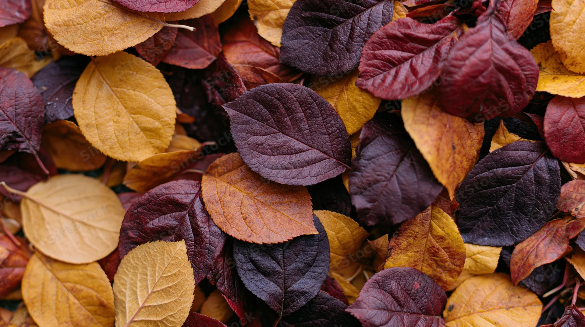 Dense flat lay of fallen autumn leaves covering the ground in warm fall colors