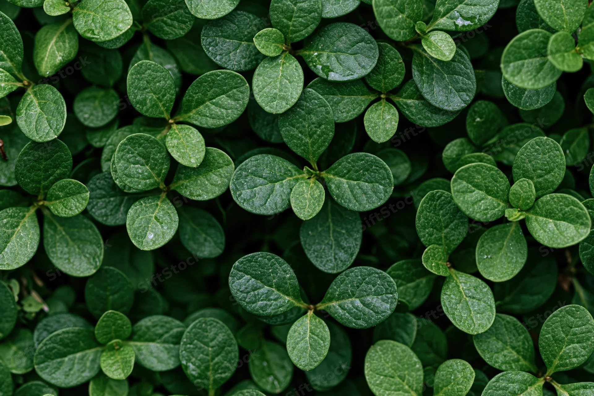 Dense flat lay of small oval green leaves filling the entire frame
