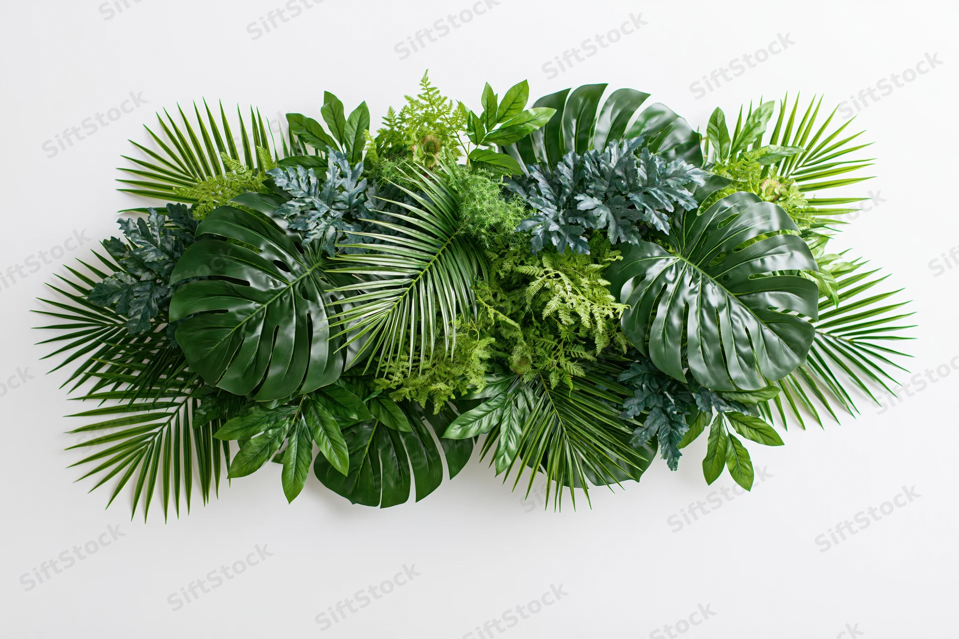 Dense tropical foliage arrangement floating against a plain white background