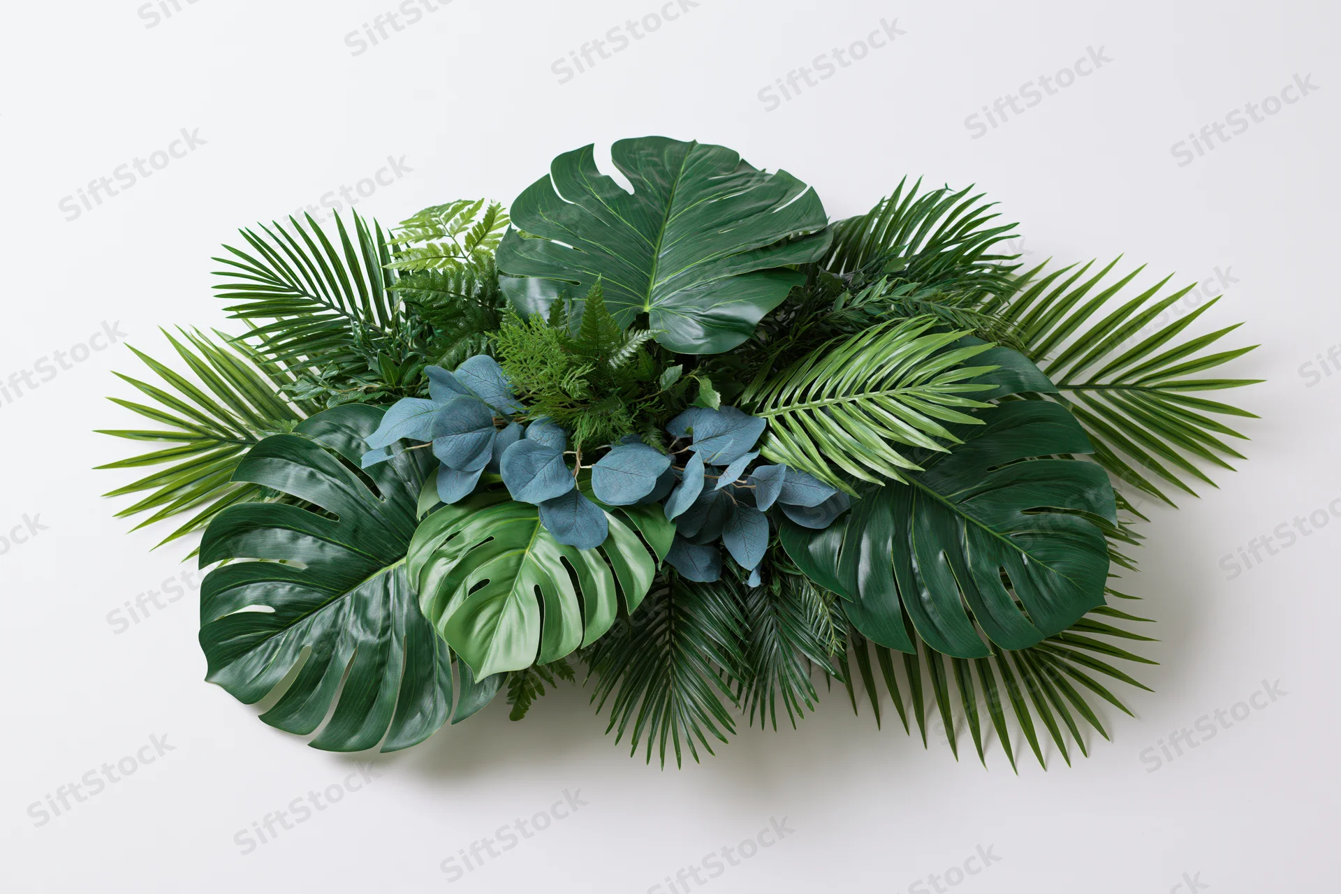 Dense tropical foliage arrangement with monstera, palm, and fern leaves floating against a plain white background