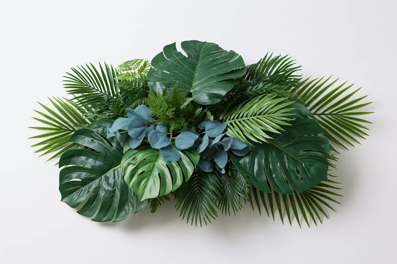 Dense tropical foliage arrangement with monstera, palm, and fern leaves floating against a plain white background
