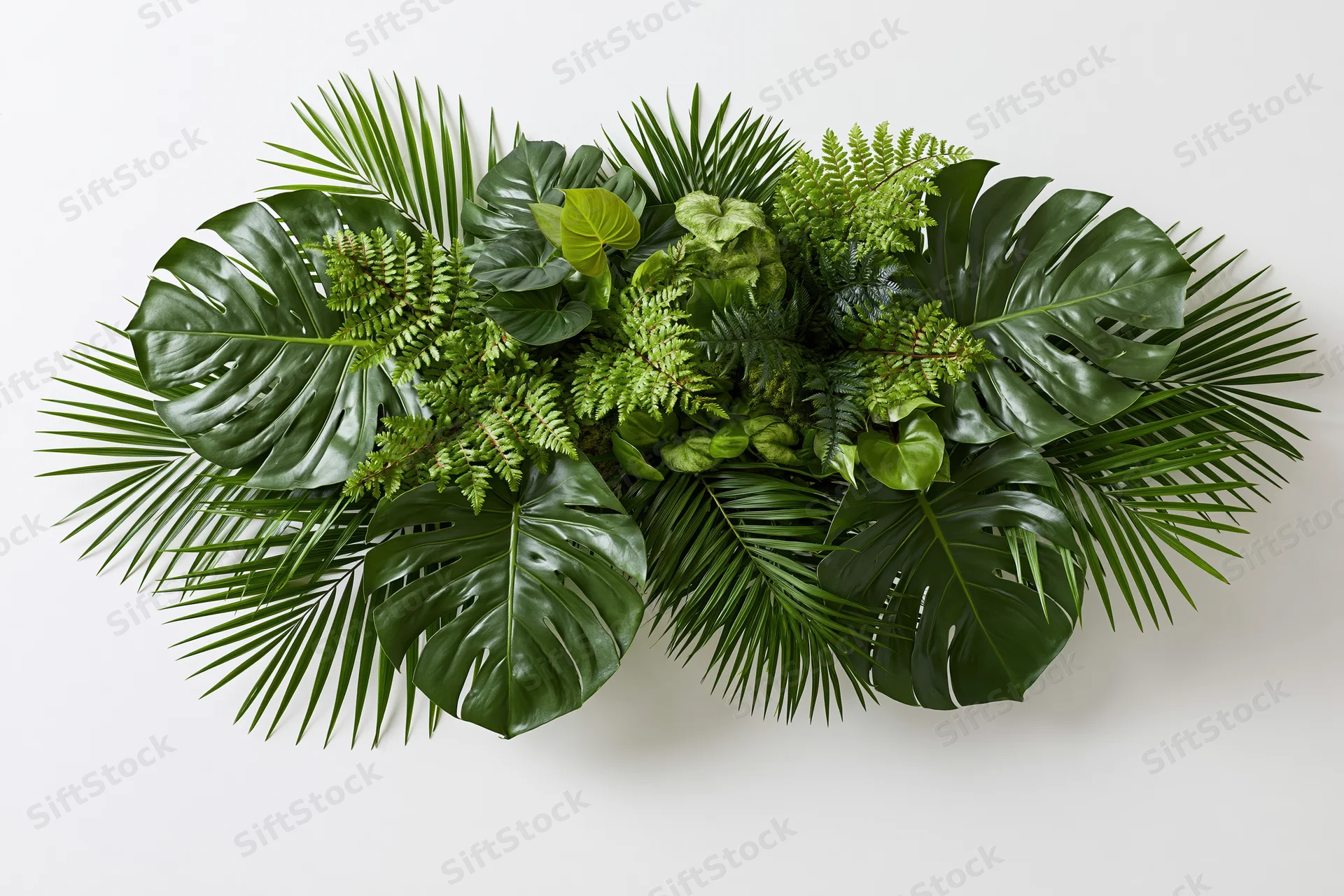 Dense tropical foliage arrangement with monstera, palm and fern leaves floating against plain white background