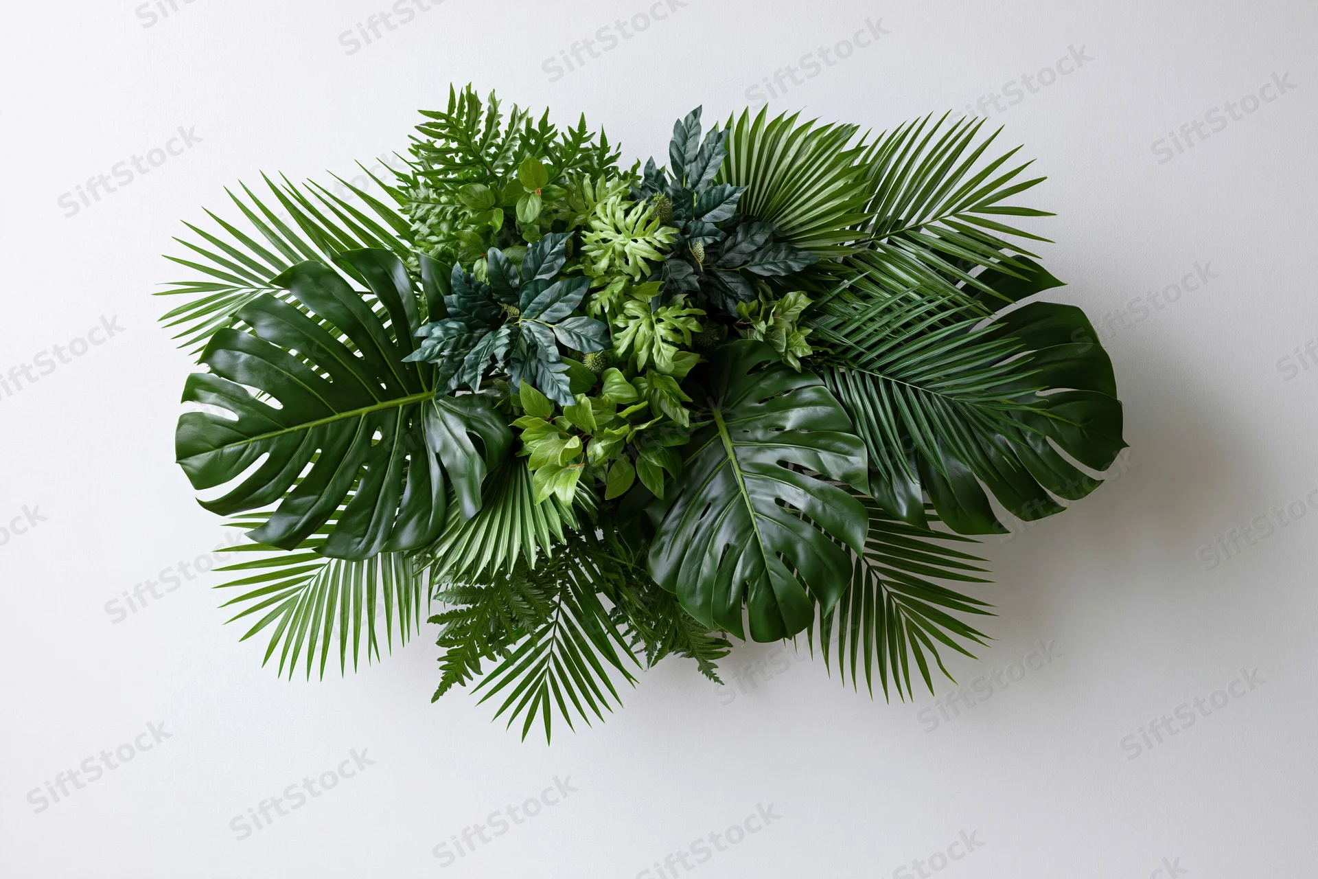 Dense tropical foliage arrangement floating against a plain white background