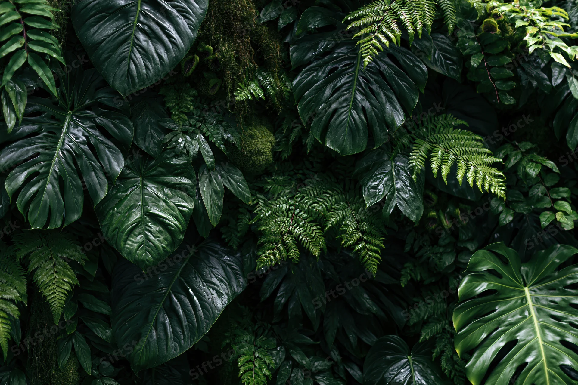 Dense tropical foliage wall filling the frame with monstera and fern leaves
